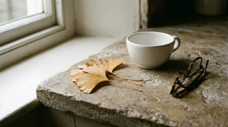 Golden fan-shaped ginkgo leaves on a stone counter beside a white teacup and folded reading glasses