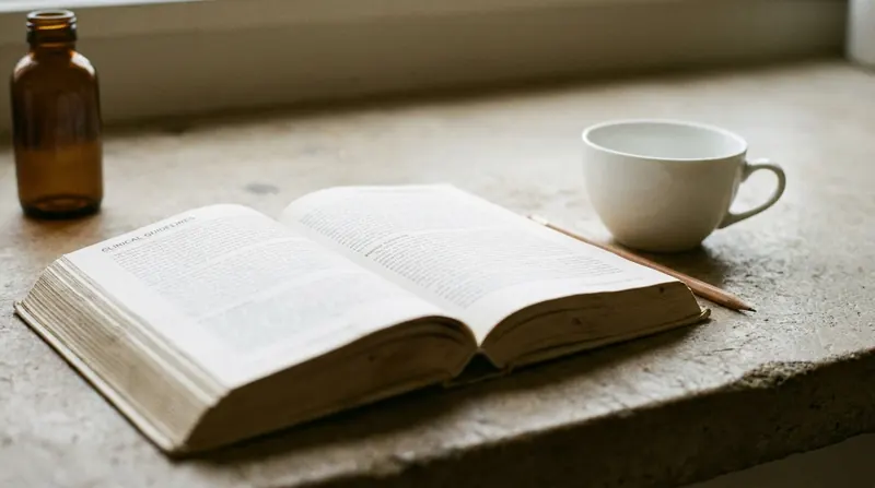 A thick printed guideline lying open on a stone counter beside a teacup, a pencil and a small amber bottle