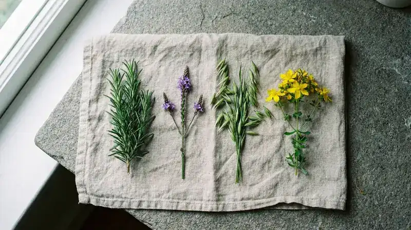 Four herbs laid in a row on a linen cloth: rosemary, violet vervain, green oat stalks and yellow St John's wort
