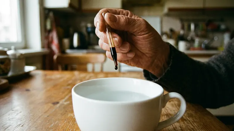 A small glass measuring tube held above a white teacup of water with a single dark drop at its tip