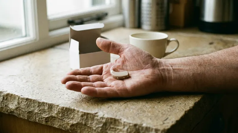A small beige hearing aid in the open palm of a man's hand, its plain box open on the counter behind