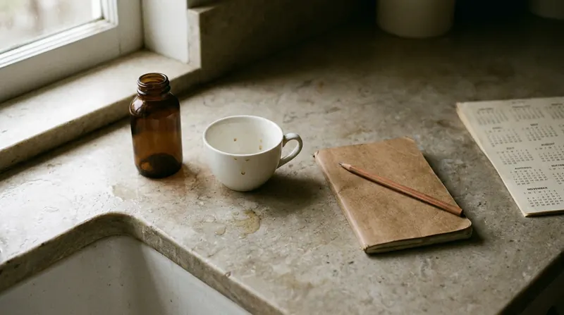 A stone counter with a small amber bottle, an empty teacup and a closed notebook with a pencil across it