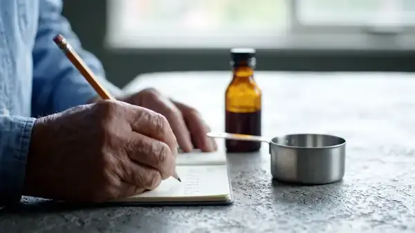 A man's hands writing a short pencil division on a notepad beside a small amber bottle and a quarter-cup measure