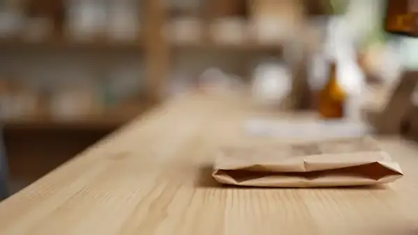 A hand setting a small amber bottle upright on a plain counter beside a folded paper bag