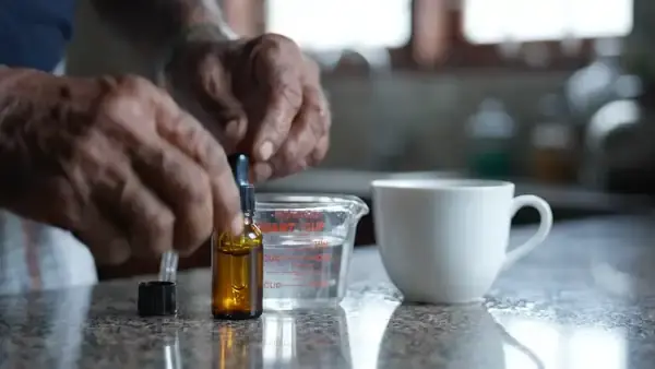 A man's hands squeezing a measured amount from a small amber bottle into a quarter cup of water and stirring it once