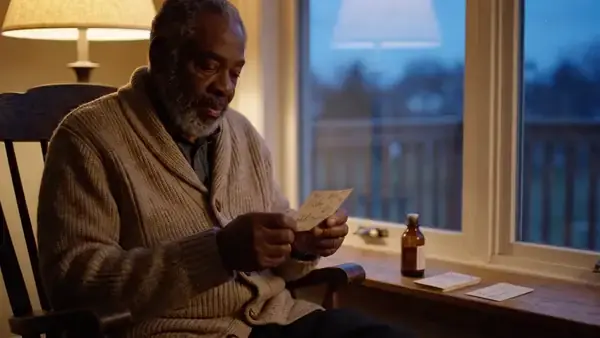 A man in his sixties by a window at dusk reading four small cards one at a time beside a small amber bottle