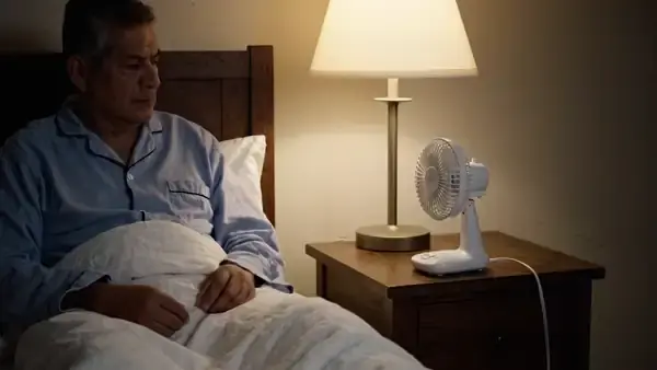 A man in his sixties switching on a small fan on the nightstand before lying back in a dim bedroom