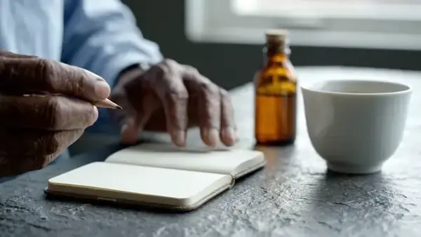 A man's hands writing a line in a small notebook on a stone counter beside a small amber bottle and a teacup