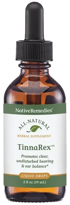 The amber glass bottle of Native Remedies TinnaRex with its cream and green label